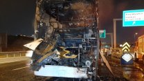 Kuzey Marmara Otoyolu'nda işçileri taşıyan servis otobüsü yandı